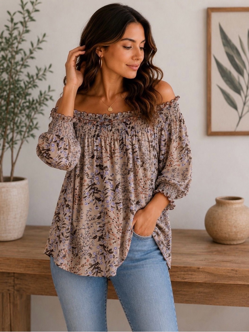 MELLODAY Soft Ivory Floral Blouse